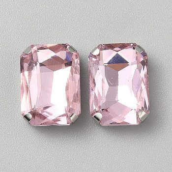 Sew on Rhinestone, Glass Rhinestone, with Iron Prong Settings, Garments Accessories, Faceted, Rectangle, Pink, 18x13x7.5mm, Hole: 1.5mm