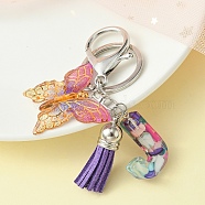 Resin Letter & Acrylic Butterfly Charms Keychain, Tassel Pendant Keychain with Alloy Keychain Clasp, Letter J, 9cm(KEYC-YW00001-10)