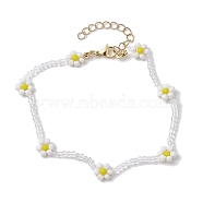 Faceted Rondelle Glass & Glass Seed Anklet, Flower Charm Anklets, White, 10-1/8 inch(25.7cm)(AJEW-AN00587)