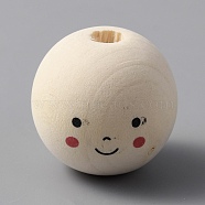 Round Printed Wood Beads, Smiling Face Print Large Hole Beads, Undyed, BurlyWood, 29~30x27~27.5mm, Hole: 7mm(WOOD-WH0036-05B)