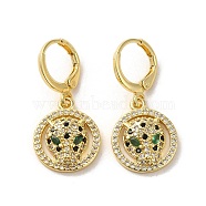 Leopard Head Brass Dangle Leverback Earrings, with Cubic Zirconia, Real 18K Gold Plated, 29.5x14mm(EJEW-Q797-05D-G)