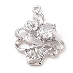 Brass Inlay Clear Glass Pendants, Cake with Flower, Real Platinum Plated, 22.3x17x5mm, Hole: 1.3mm(KK-S388-30P)