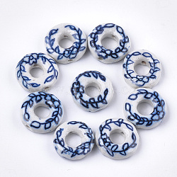 Handmade Porcelain Bead Frame Beads, Blue and White Porcelain, Donut with Leaf, Marine Blue, 19x6.5mm, Hole: 1.6mm(PORC-S498-59)