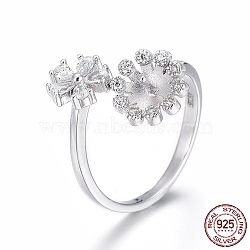 Rhodium Plated 925 Sterling Silver Cuff Rings, Open Rings Components, For Half Drilled Beads, with Cubic Zirconia, Flower, with 925 Stamp, Platinum, Size 7, 17mm, Tray: 5.5mm, Pin: 0.8mm(STER-F048-21P)