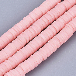 Flat Round Handmade Polymer Clay Bead Spacers, Pink, 3x1mm, Hole: 1mm, about 380~400pcs/strand, 17.7 inch(CLAY-R067-3.0mm-18)