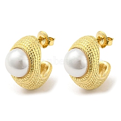 304 Stainless Steel Stud Earrings, ABS Plastic Pearl Beaded Half Hoop Earrings, Real 14K Gold Plated, 19x13mm(EJEW-M233-07G)