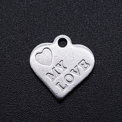 Non-Tarnish Valentine's Day Theme, 201 Stainless Steel Charms, Heart with Word My Love, Stainless Steel Color, 13x12.5x1mm, Hole: 1.5mm(STAS-S105-T705)