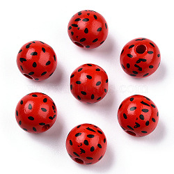Printed Natural Wooden Fruit Beads, Round with Watermelon Seed, Red, 16x14.5mm, Hole: 3.5mm(WOOD-T021-105)