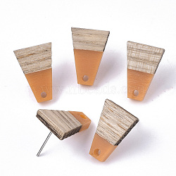 Resin & Cedarwood Stud Earring Findings, with 304 Stainless Steel Pin, Trapezoid, Coral, 18x12.5mm, Hole: 1.8mm, Pin: 0.7mm(MAK-N032-001A-C01)