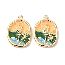 Brass Enamel Pendants, Oval with Flower Charm, Real 18K Gold Plated, 23x16x2mm, Hole: 2mm(KK-S368-09G)