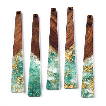 Transparent Resin & Walnut Wood Big Pendants, with Gold Foil, Trapezoid Charms, Light Sea Green, 69.5x10x3.5mm, Hole: 2mm