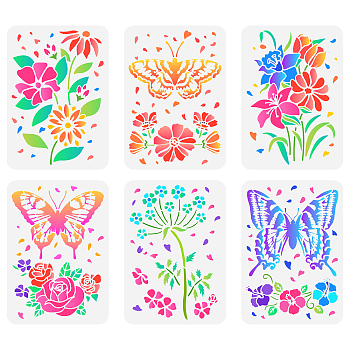 6Pcs 6 Styles PET Hollow Out Drawing Painting Stencils, for DIY Scrapbook, Photo Album, Universe Pattern, Flower Pattern, 297x210mm, 1pc/style