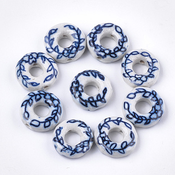 Handmade Porcelain Bead Frame Beads, Blue and White Porcelain, Donut with Leaf, Marine Blue, 19x6.5mm, Hole: 1.6mm