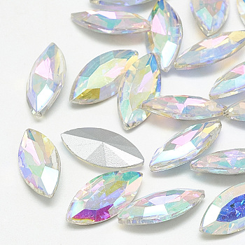 Pointed Back Glass Rhinestone Cabochons, Back Plated, Faceted, Horse Eye, Crystal AB, 26.5x13x7mm