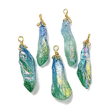 Electroplated Raw Rough Natural Quartz Crystal Big Pendants, Nuggets Charms with Copper Wire Loops, Golden, Teal, 40~48x13~23x10~20mm, Hole: 4.5~5mm