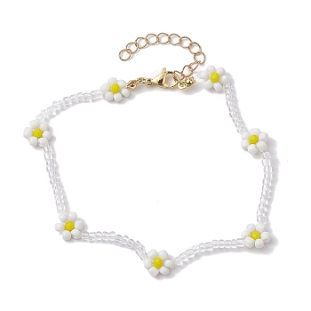 Faceted Rondelle Glass & Glass Seed Anklet, Flower Charm Anklets, White, 10-1/8 inch(25.7cm)