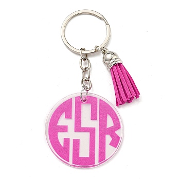 Acrylic Flat Round with Suede Tassel Pendant Keychain, with Iron Key Ring, Hot Pink, 100mm