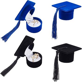 CHGCRAFT 4Pcs 2 Colors Velvet Jewelry Ring Storage Boxes, with Sponge Inside & Tassel, for Celebration Graduation Gifts, Doctoral Hat, Mixed Color, 5.8x5.8x3.6cm, 2pcs/color