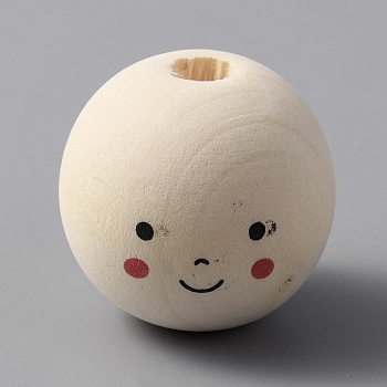 Round Printed Wood Beads, Smiling Face Print Large Hole Beads, Undyed, BurlyWood, 29~30x27~27.5mm, Hole: 7mm