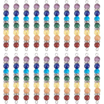 20Pcs Chakra Natural & Synthetic Gemstone Connector Charms, with Platinum Tone Brass Crystal Rhinestone Findings, Round, 55x6~6.5mm, Hole: 2~2.5mm