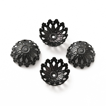 304 Stainless Steel Fancy Bead Caps, Flower, Multi-Petal, Electrophoresis Black, 12.5x12x5mm, Hole: 1mm