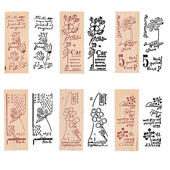 Olycraft Wooden Stamps, with Rubber, Rectangle with Flower Pattern, Flower Pattern, 55x22x19mm, 5pattern, 1pc/pattern, 5pcs/set
