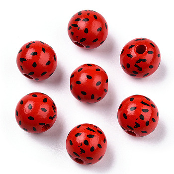 Printed Natural Wooden Fruit Beads, Round with Watermelon Seed, Red, 16x14.5mm, Hole: 3.5mm