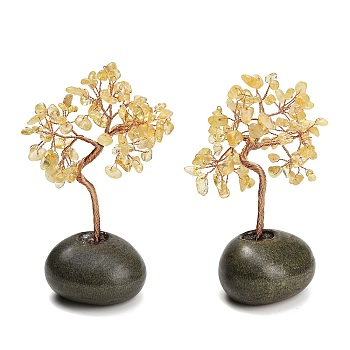 Heated Natural Citrine Chips Tree of Life Display Decorations, with Porcelain Base and Copper Wire, Feng Shui Energy Stone Gift for Home Office Desktop Decoration, 60~68x68~80x100~112mm