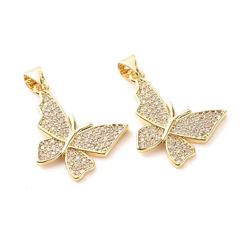 Brass Micro Pave Clear Cubic Zirconia Pendants, Cadmium Free & Lead Free, Butterfly, Real 18K Gold Plated, 29x20x2mm, Hole: 4x3.5mm