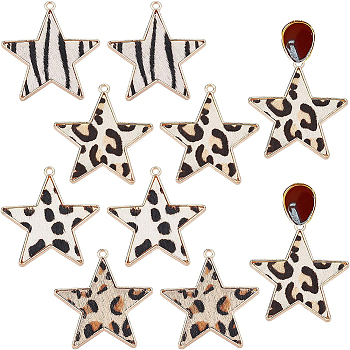 8Pcs 4 Colors Eco-Friendly Cowhide Leather  Pendants, with Golden Plated Alloy Findings, Star with Leopard Print Pattern, Mixed Color, 36.5x35x2~3mm, Hole: 1.8mm, 2pcs/color
