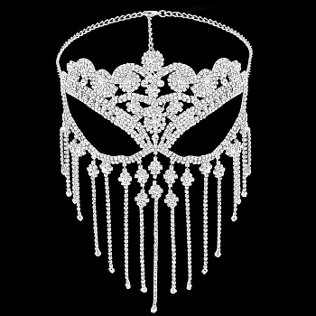 Iron Headwear Masquerade Masks, Crystal Rhinestone Tassel Eye Mask, with Lobster Claw Clasp & Chain Extender, for Party Costume Accessories, Silver Color Plated, 590mm