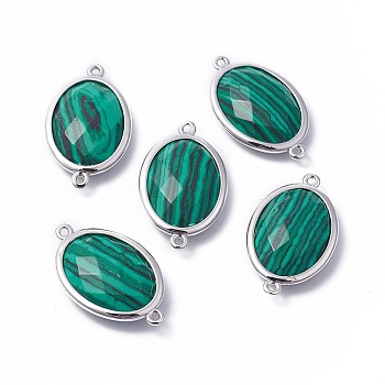 Platinum Tone Brass Synthetic Malachite Links connectors, Faceted, Oval, 26.5x15x6mm, Hole: 1~2mm
