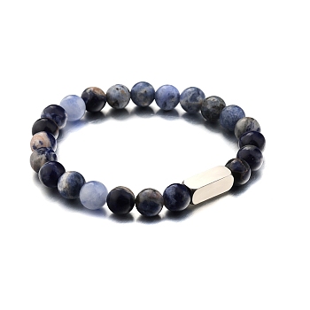 Natural Sodalite Round Beaded Stretch Bracelet, with Stamping Blank Stainless Steel Cube Beaded, 7-1/4 inch(18.5cm)