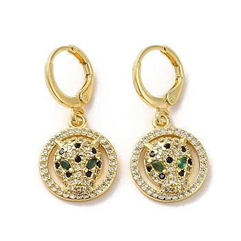 Leopard Head Brass Dangle Leverback Earrings, with Cubic Zirconia, Real 18K Gold Plated, 29.5x14mm