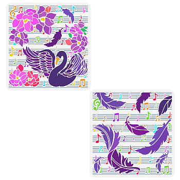 2Pcs 2 Styles PET Hollow Out Drawing Painting Stencils, for DIY Scrapbook, Photo Album, Swan & Feather Pattern, Mixed Patterns, 300x300mm, 1pc/style