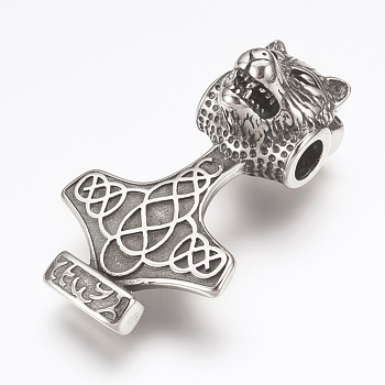 316 Surgical Stainless Steel Pendants, Thor's Hammer with Tiger Head, Antique Silver, 49x30x20mm, Hole: 4x12mm and 6mm