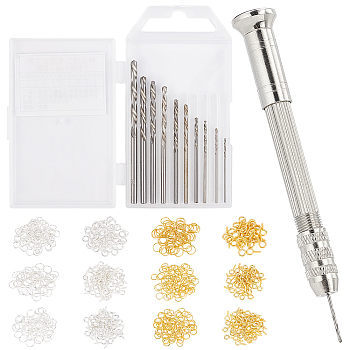 DIY Jewelry Punch Hole Kit, with Iron Jump Rings & Screw Eye Pin Peg Bails, Steel Hand Twist Drill & Micro Drill Bits Set, Mixed Color, 88.5x1.4mm