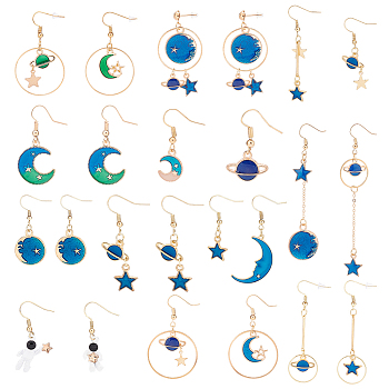 12 Pairs 12 Style Moon & Planet & Star & Spaceman Enamel Asymmetrical Earrings Set, Alloy Long Dangle Earrings for Women, Mixed Color, 28~103mm, Pin: 0.5~0.7mm, 1 Pair/style