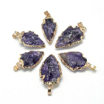 Natural Amethyst Pendants, with Brass Findings, Golden, 25~50x15~25x5~15mm, Hole: 7x4mm