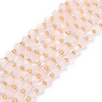 Natural Rose Quartz Beads Strands, with Seed Beads, Faceted, Diagonal Cube Beads, 5~6x5~6x4~5mm, Hole: 1mm, about 49~55pcs/strand, 15.35''~15.75''(39~40cm)