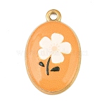 Printed 304 Stainless Steel Pendants, Oval with Flower Charms, Golden, Dark Orange, 27x17x3mm, Hole: 2.1mm(SA-CBA7467-02A-G)
