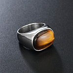 304 Stainless Steel with Natural Tiger Eye Finger Rings for Men, Oval, Stainless Steel Color, Stainless Steel Color, US Size 8(18.1mm)(FS-WG155DB-02)