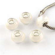Imitation Cat Eye Resin European Beads, Large Hole Rondelle Beads, with Silver Color Plated Brass Cores, White, 13~14x9mm, Hole: 4.5~5mm(X-RPDL-S002-12)
