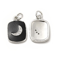 Brass Micro Pave Cubic Zirconia Pendants, with Enamel & Jump Ring, Rectangle with Moon Charm, Platinum, Black, 16x11x2mm, Hole: 2.5mm(KK-E068-VB439-2)