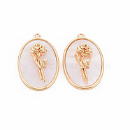 Brass Birth Floral Pendants, Oval with Flower Mother of Pearl White Shell Charms, Nickel Free, Real 18K Gold Plated, June Rose, 27x18x4mm, Hole: 1.8mm(KK-S364-288)