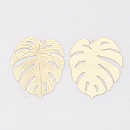 Brass Pendants, Tropical Leaf Charms, Etched Metal Embellishments, Long-Lasting Plated, Monstera Leaf, Light Gold, 29.5x25x0.3mm, Hole: 1.2mm(X-KKC-S001-018KC)