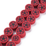 Handmade Polymer Clay Bead Strands, Flat Round with Football, Dark Red, 8~9x4~5mm, Hole: 1.2~1.4mm, about 40~41pcs/strand, 13.62 inch~13.86 inch(34.6cm~35.2cm)(CLAY-S096-031A)