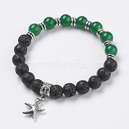 Natural Lava Rock Beads Charm Bracelets, with TaiWan Jade and Alloy Findings, Starfish/Sea Stars, Antique Silver, 2 inch(5cm), Findings: 17x13x4mm(BJEW-O161-30)