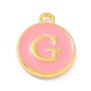 Golden Plated Alloy Enamel Charms, Enamelled Sequins, Flat Round with Alphabet, Letter.G, Pink, 14x12x2mm, Hole: 1.5mm(ENAM-Q437-14G)