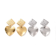 304 Stainless Steel Heart with Rhombus Dangle Stud Earrings for Women, Mixed Color, 39mm, Pin: 0.8mm(EJEW-G328-24)